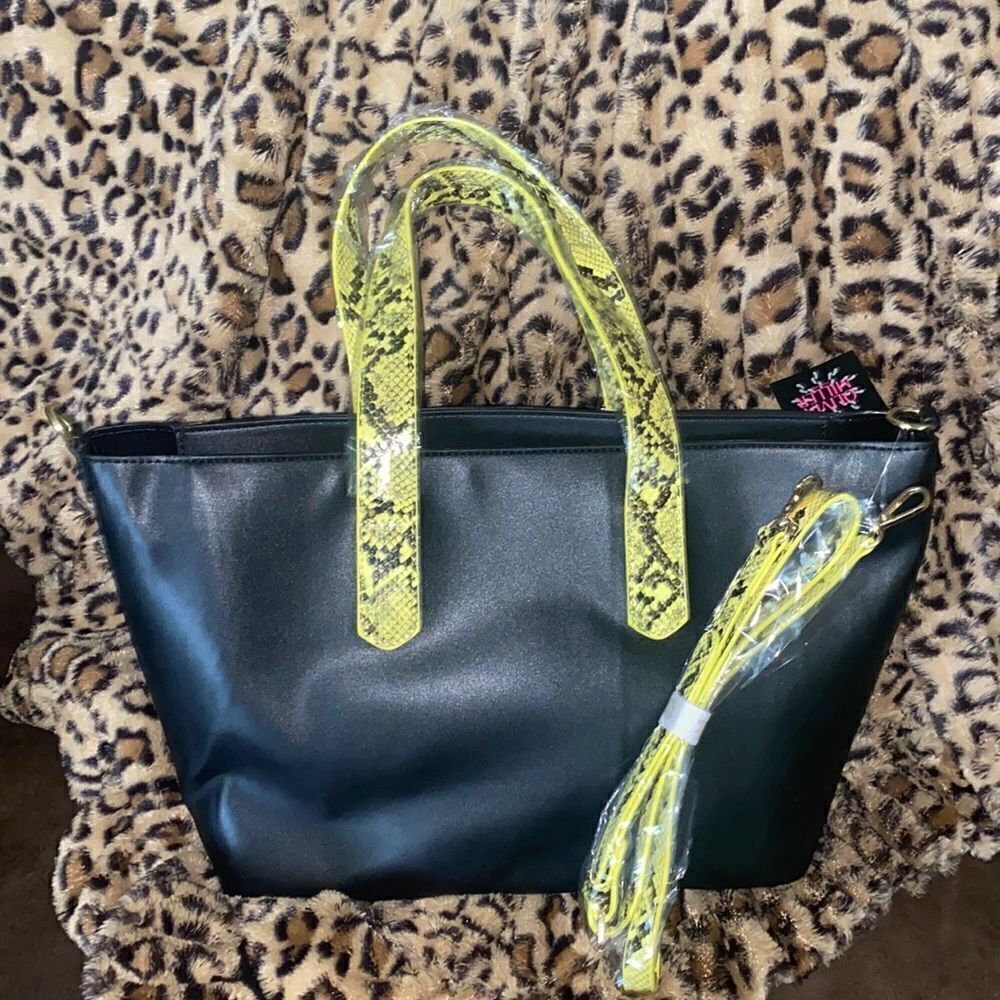 Black Faux Leather Neon Green Snakeskin Tote